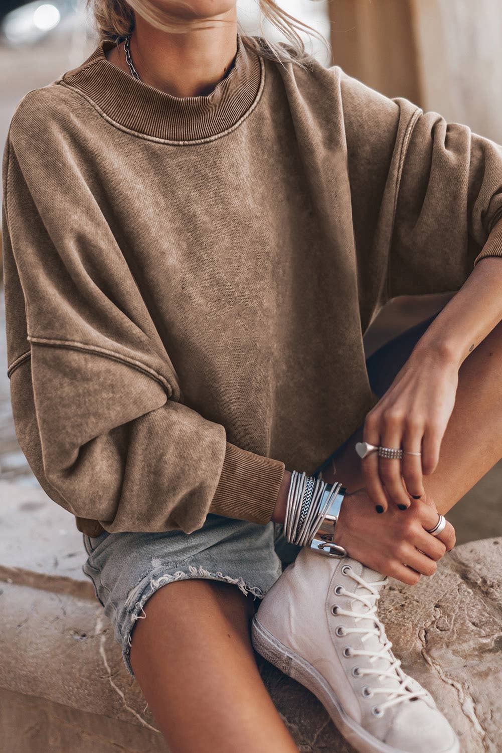 Coffee Mineral Wash Drop Shoulder Crewneck