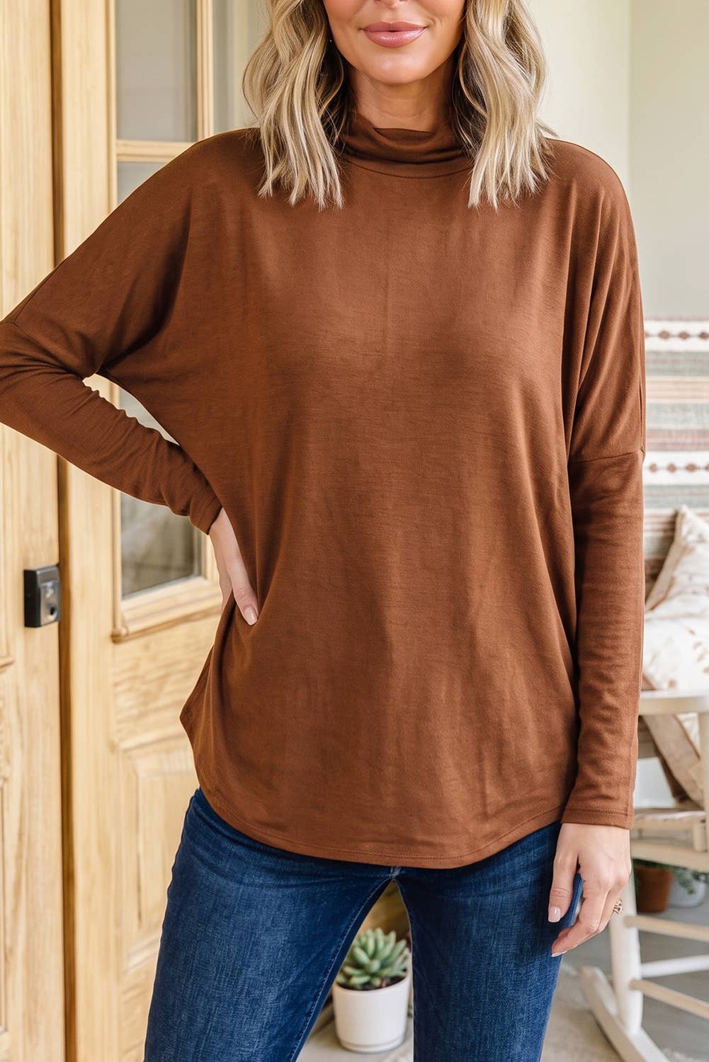 Western Casual Mock Neck Long Sleeve Shift Blouse (S-XL)