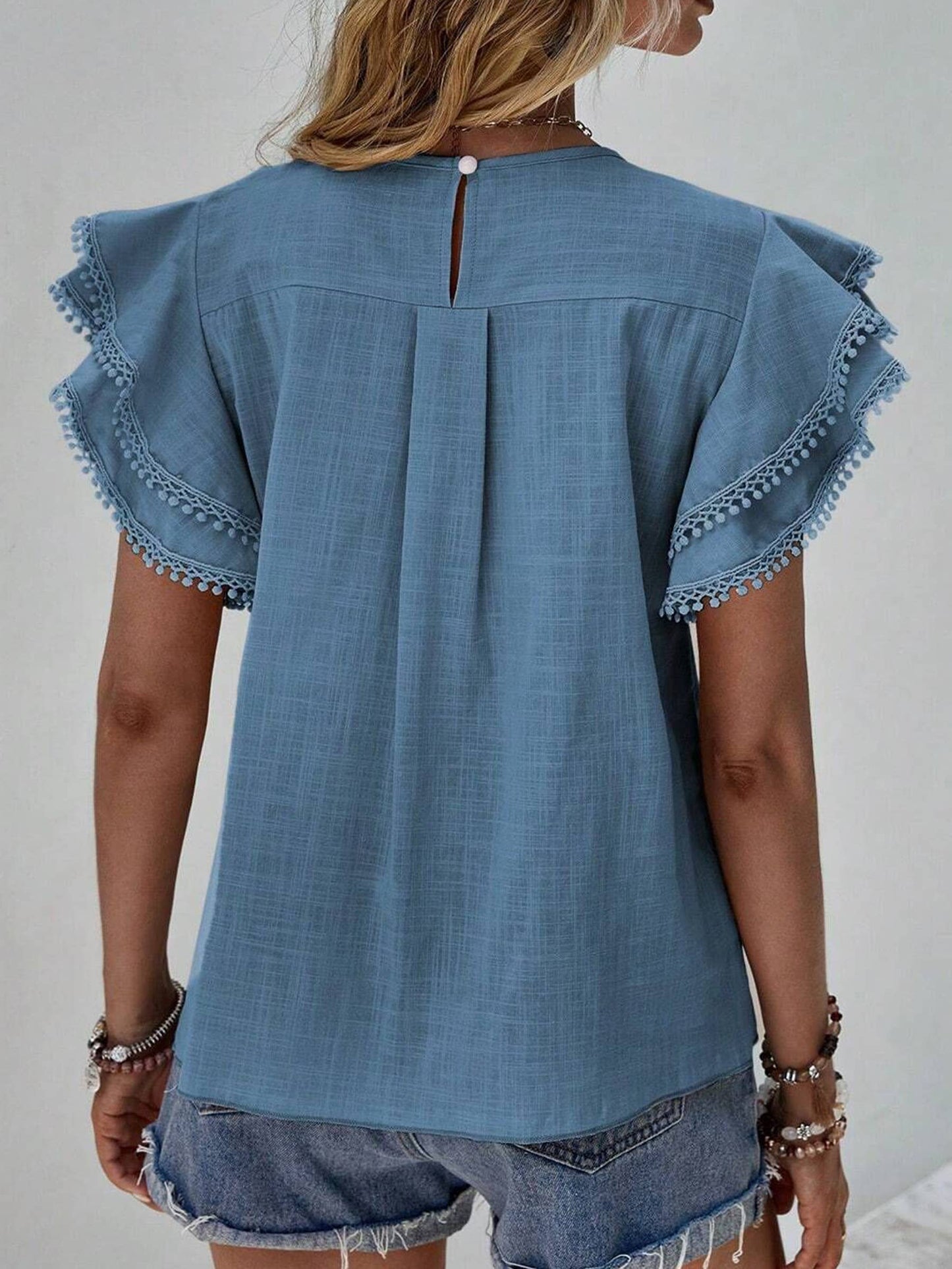 Casual Blue Ruffle Sleeve Top