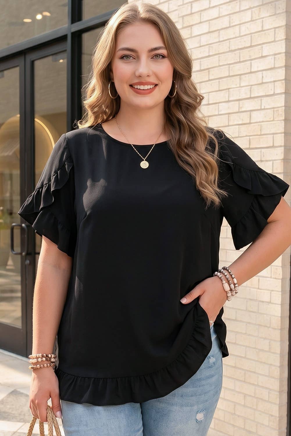 Black Petal Sleeve Plus Size Top