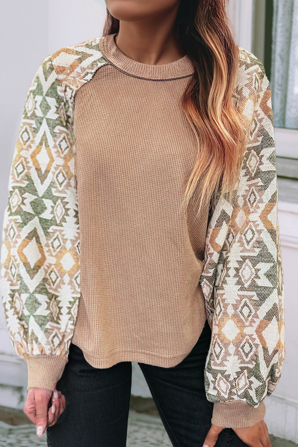 Aztec Waffle Patchwork Sleeved Top