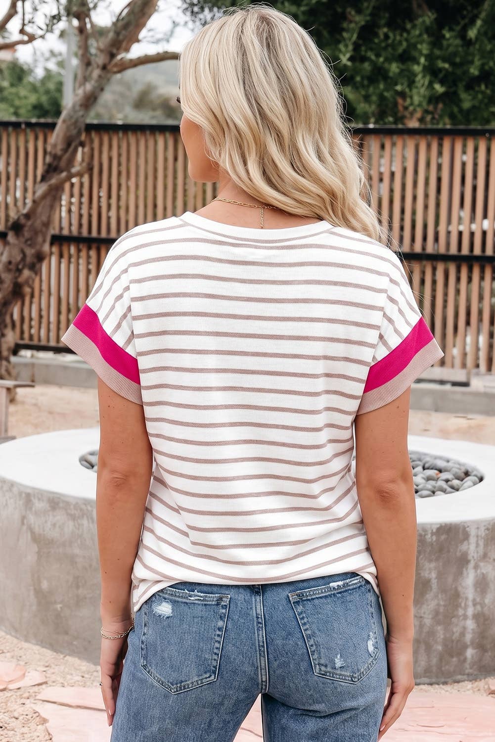 White & Tan- Pink Stripe Top