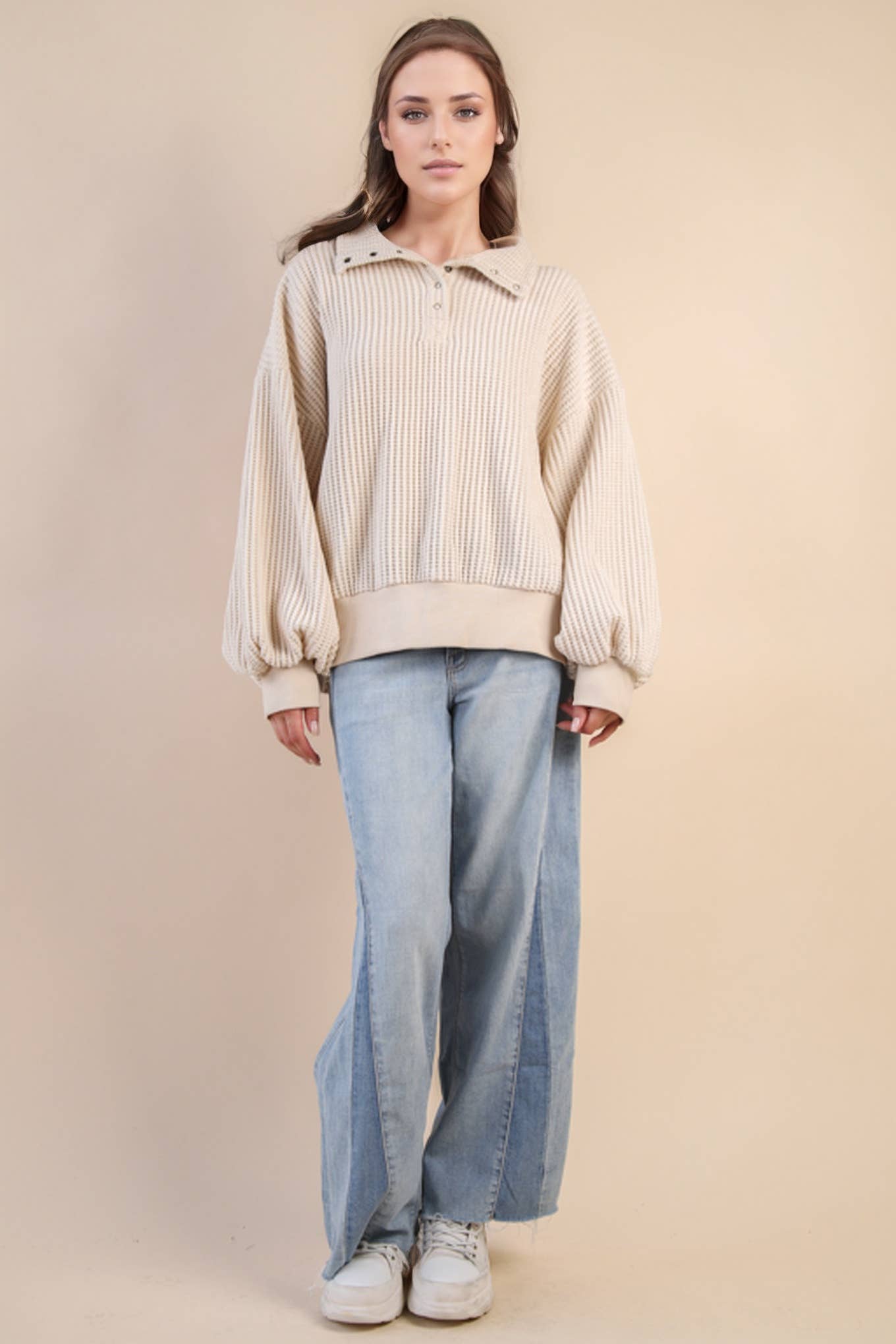 Ivory Oversized Half Button Down Casual Waffle Knit Top