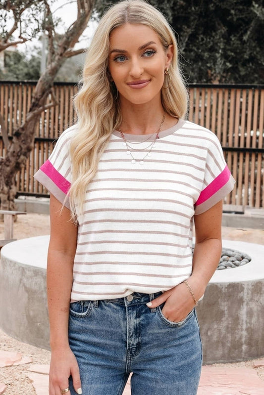White & Tan- Pink Stripe Top