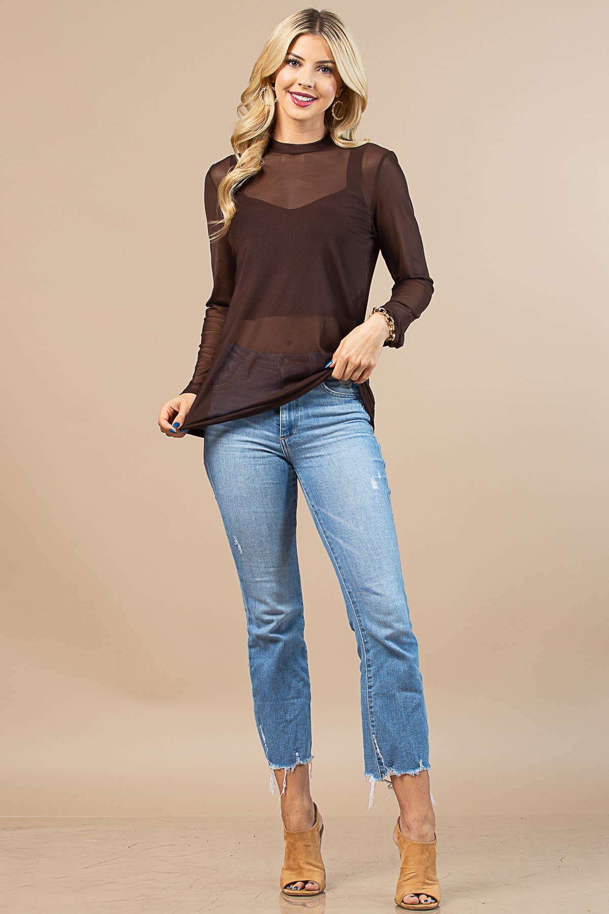 BROWN SOLID MOCK NECK MESH