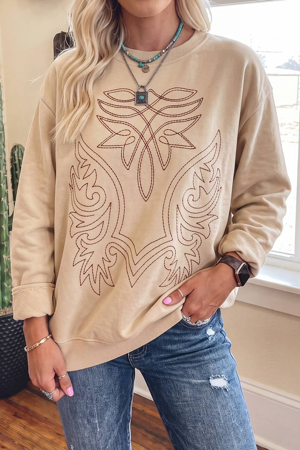 Western Boot Stitched Crewneck
