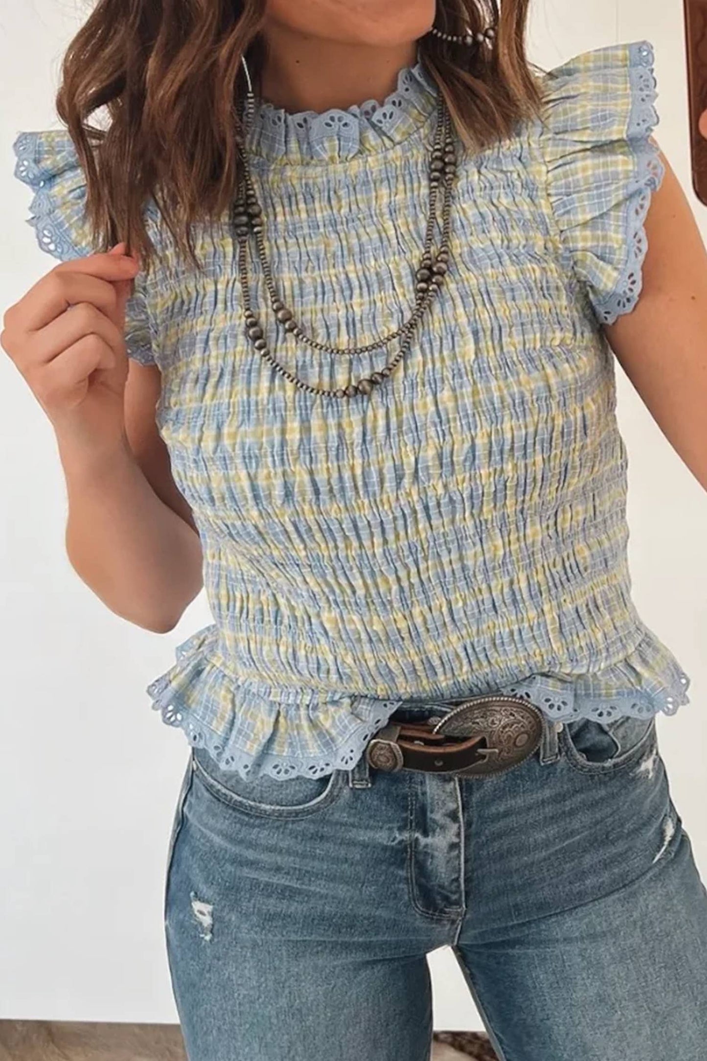 Gingham Smocked Lace Trim Top