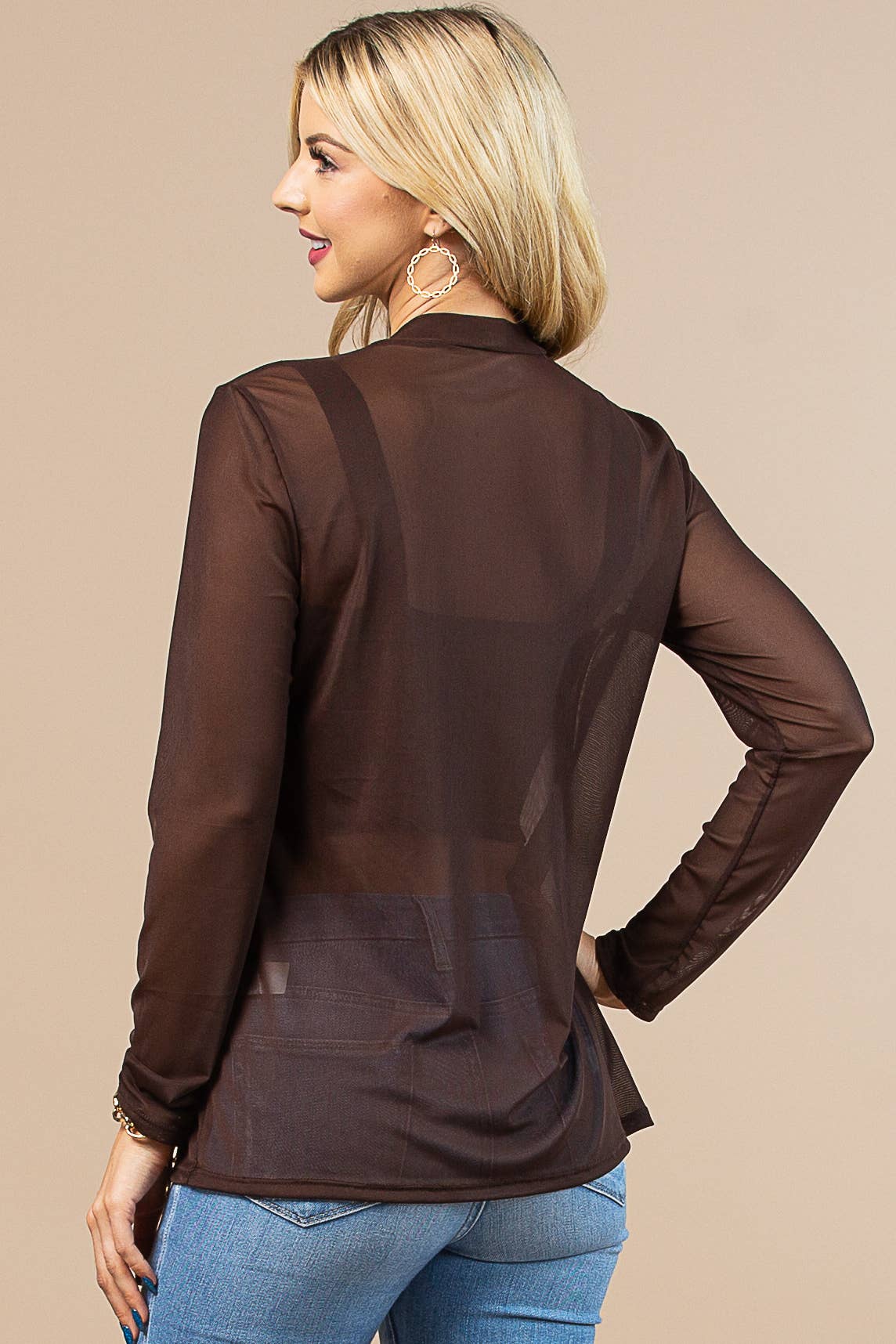 BROWN SOLID MOCK NECK MESH
