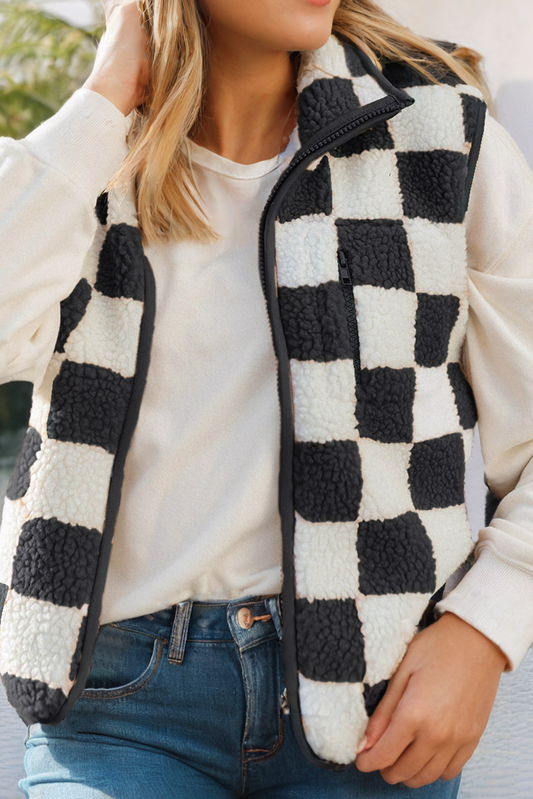 Black Checkered Snap Sherpa Vest