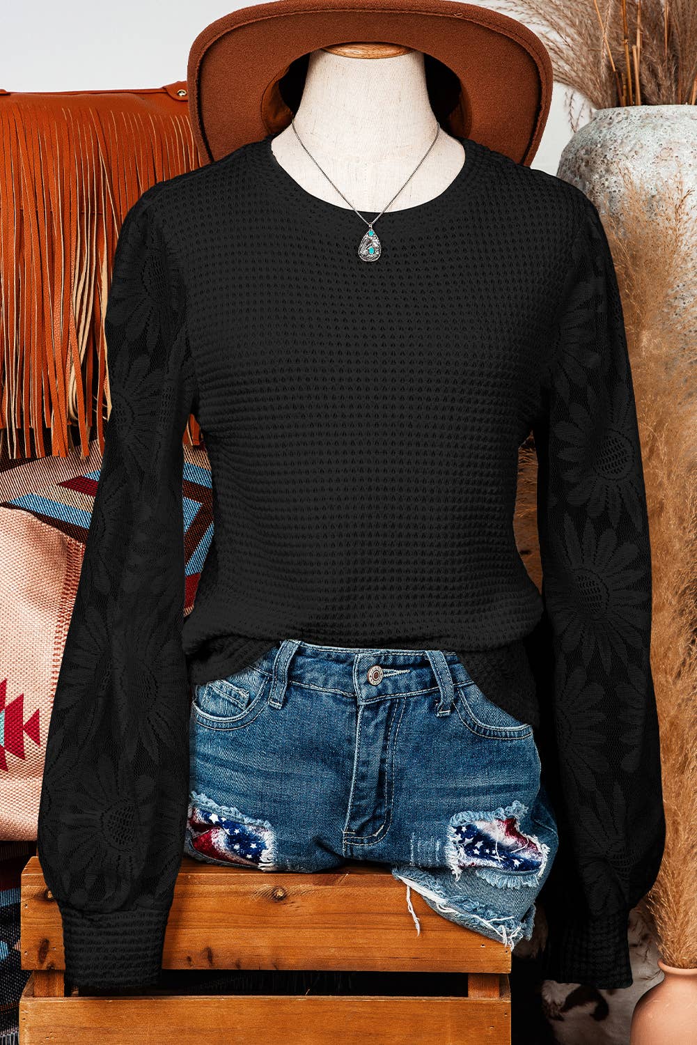 Sunflower Mesh Bubble Sleeve Waffle Knit Top