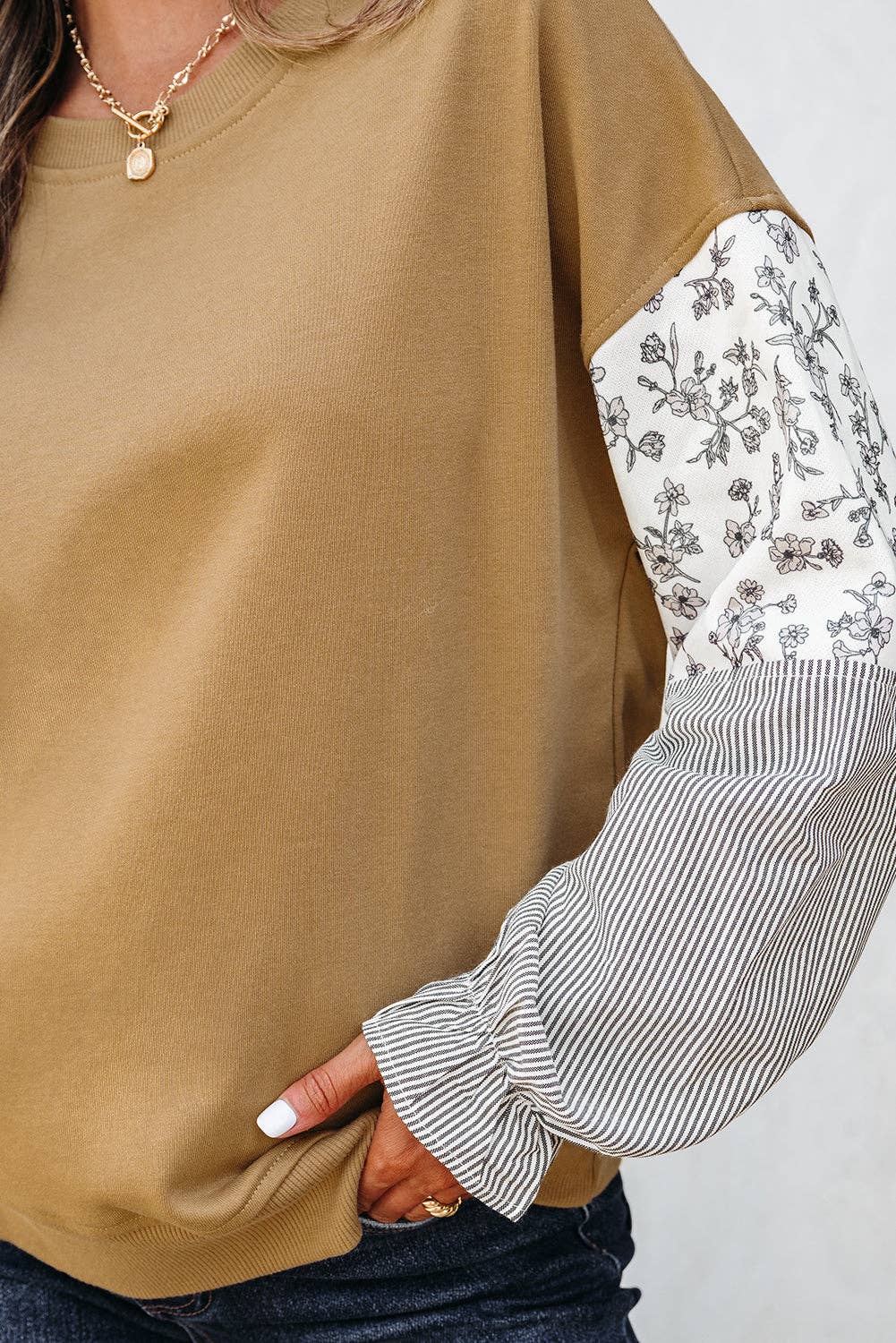 Floral Tan Stripe Patchwork Ruffled Top