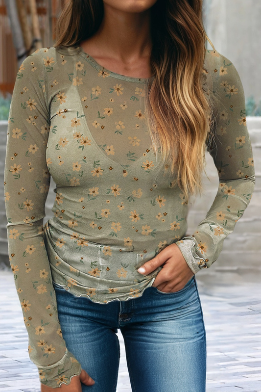 Vintage Olive Floral Mesh Top