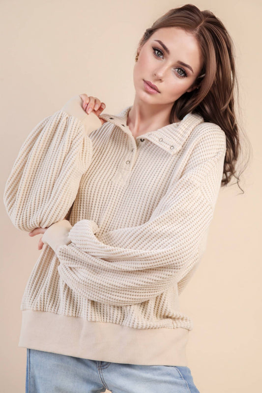 Ivory Oversized Half Button Down Casual Waffle Knit Top