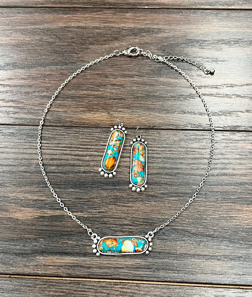 Turquoise & Rust Bar & Bead Necklace & Earrings Set