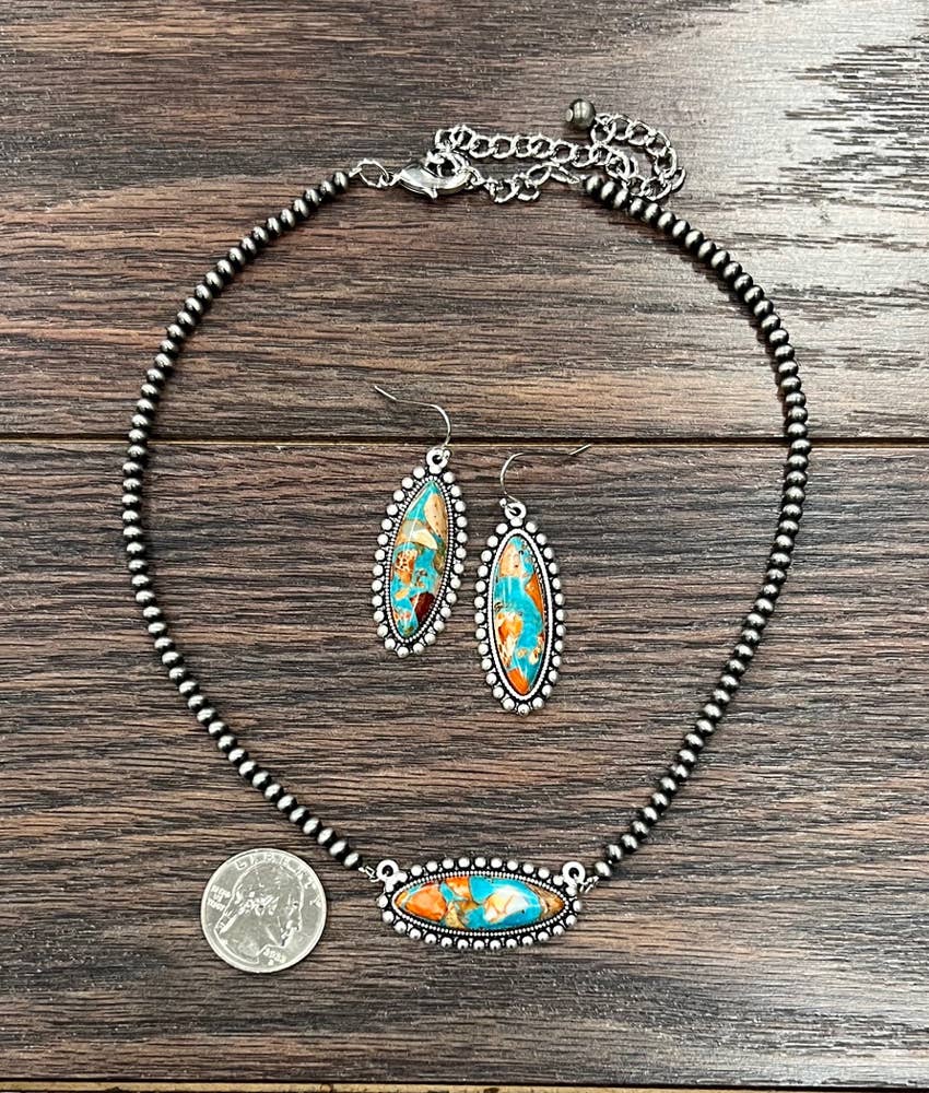 Turquoise & Rust Oval Necklace & Earrings Set