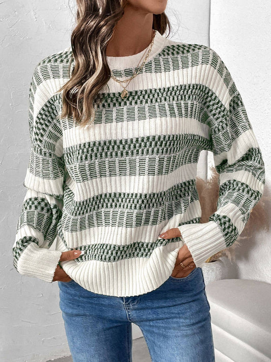 Green & White Textured Stripe Sweater