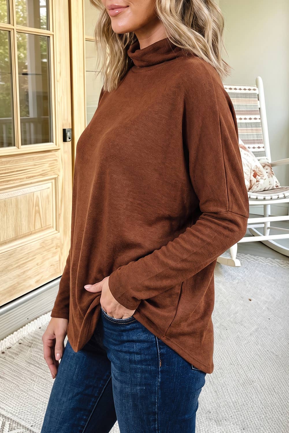 Western Casual Mock Neck Long Sleeve Shift Blouse (S-XL)