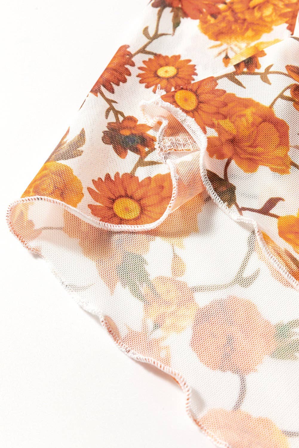 Floral Printed Bell Sleeve Mesh Neck Scallop Trim Blouse