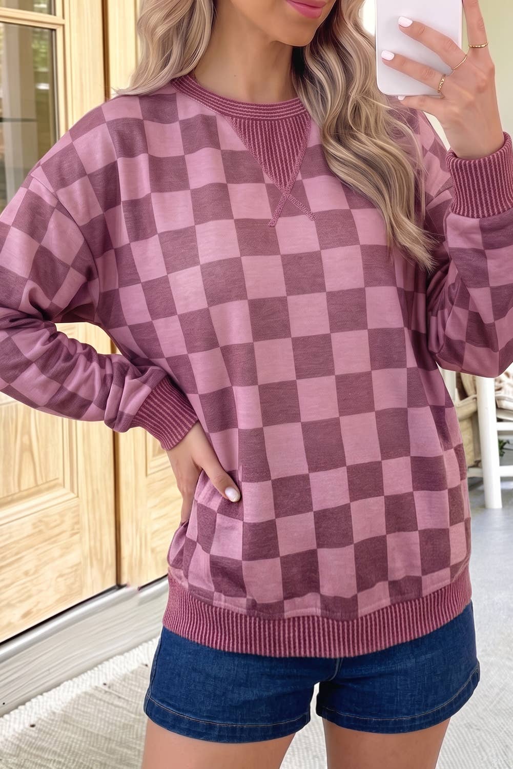 Checkered Ribbed Trim Pullover