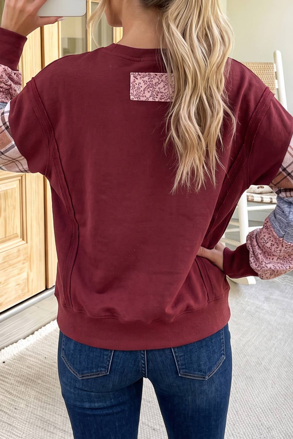 Burgundy Patchwork Sleeve Sweatshirt