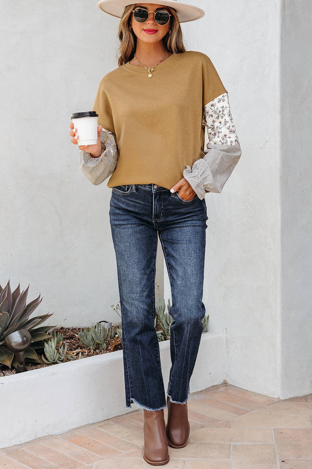 Floral Tan Stripe Patchwork Ruffled Top