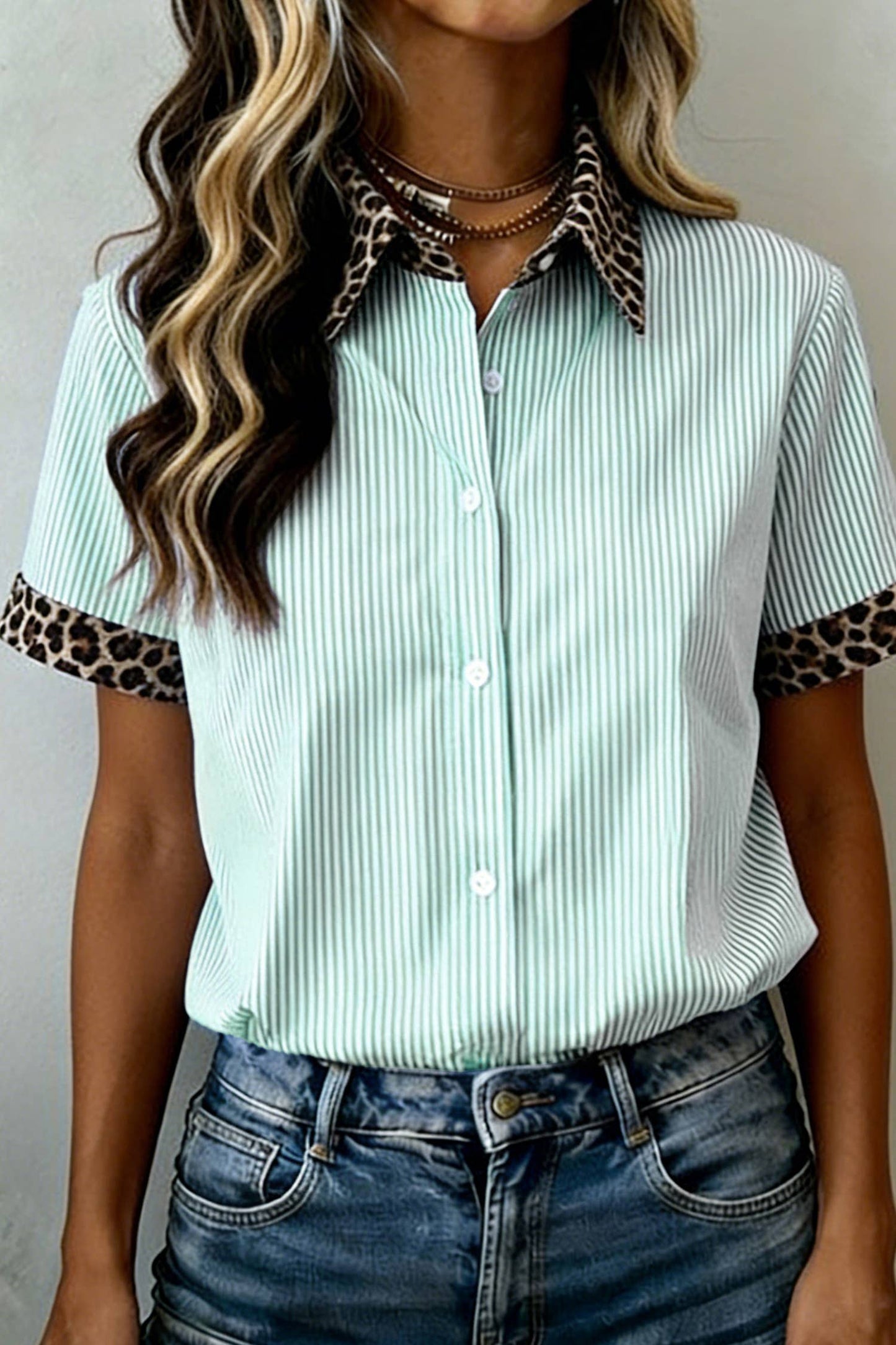 Leopard Trim Striped Button-Down