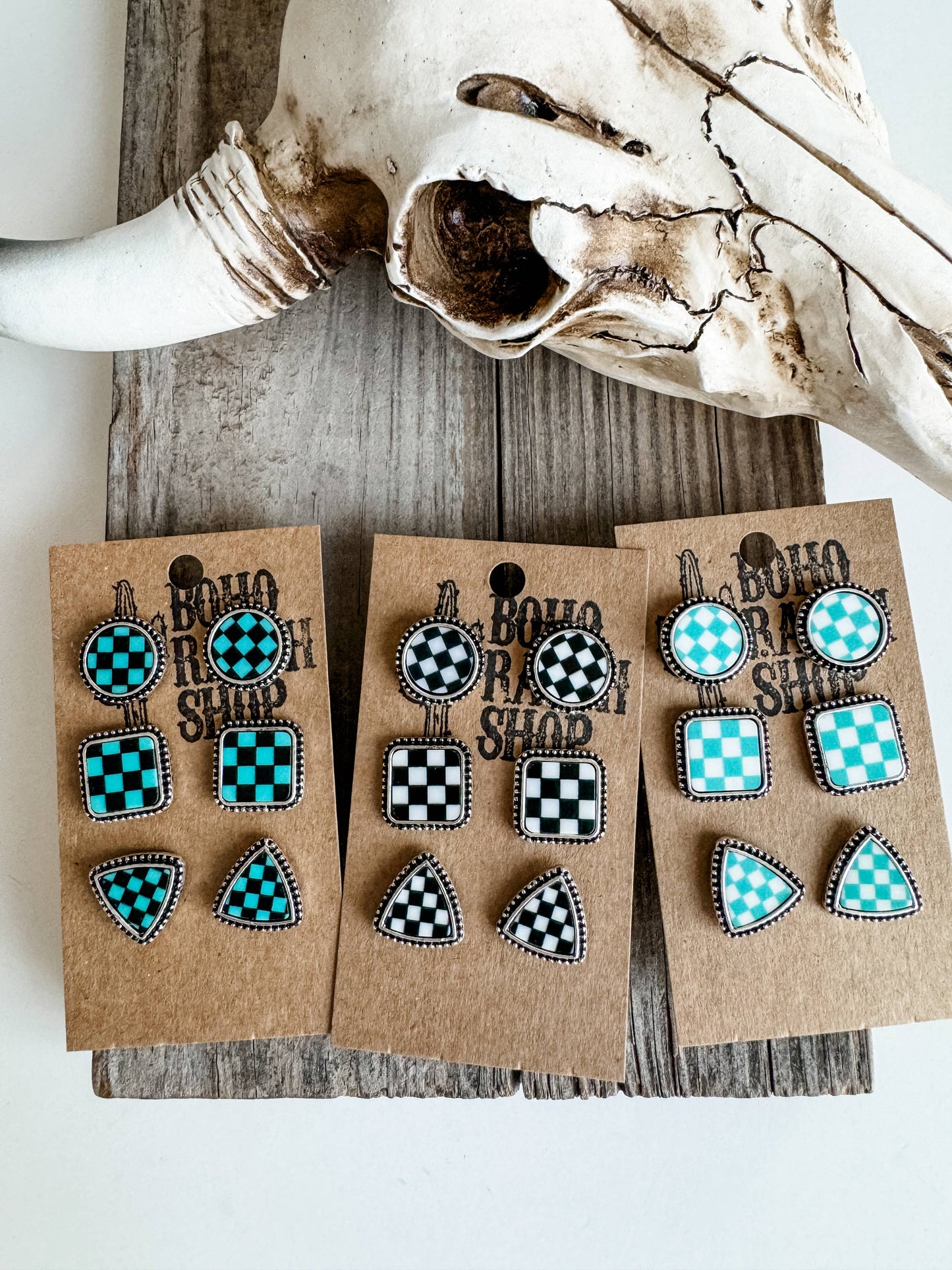 Western Checkered Earring Stud Set