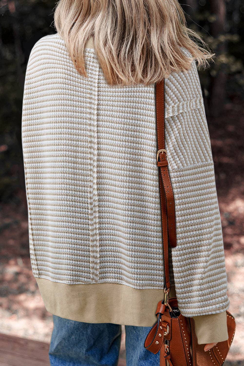 Stripe Ribbed Trim Drop Shoulder Top