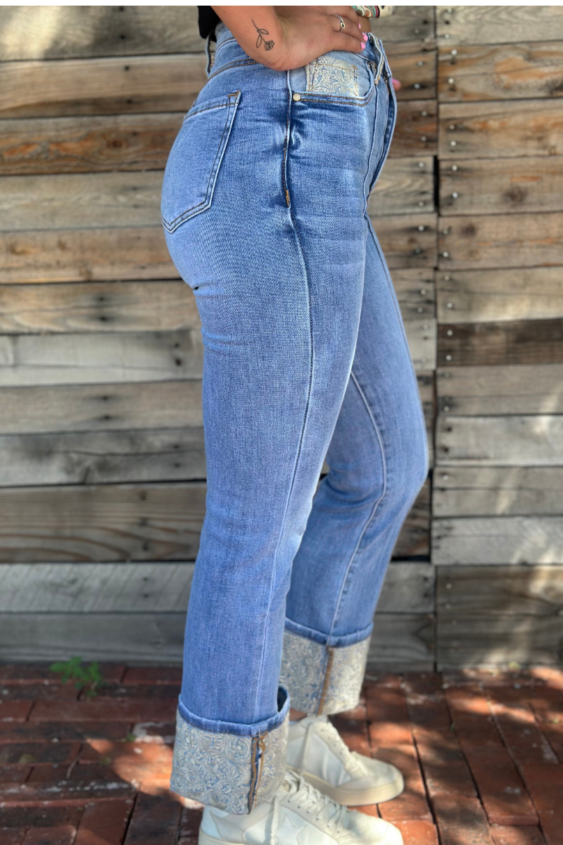 Embroidered Cuffed Jeans