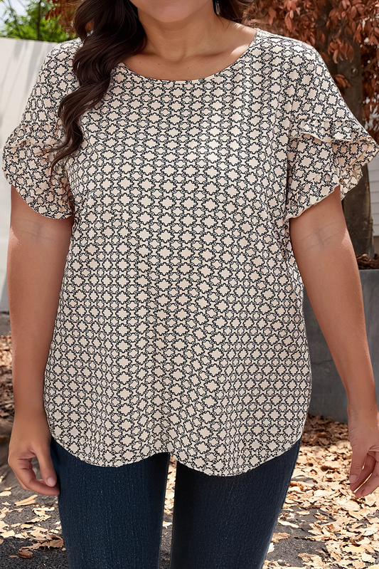 Plus Size Geometric Print Frill Tulip Sleeve Blouse
