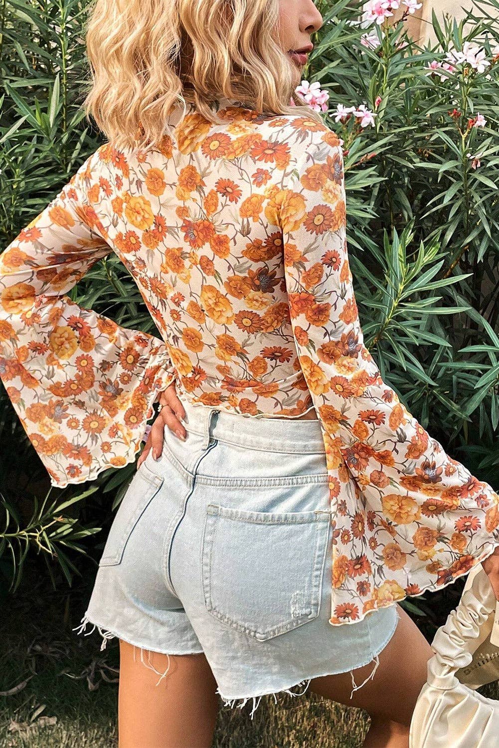Floral Printed Bell Sleeve Mesh Neck Scallop Trim Blouse
