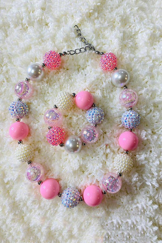 Pink & Cream bubble girls necklace & bracelet sets