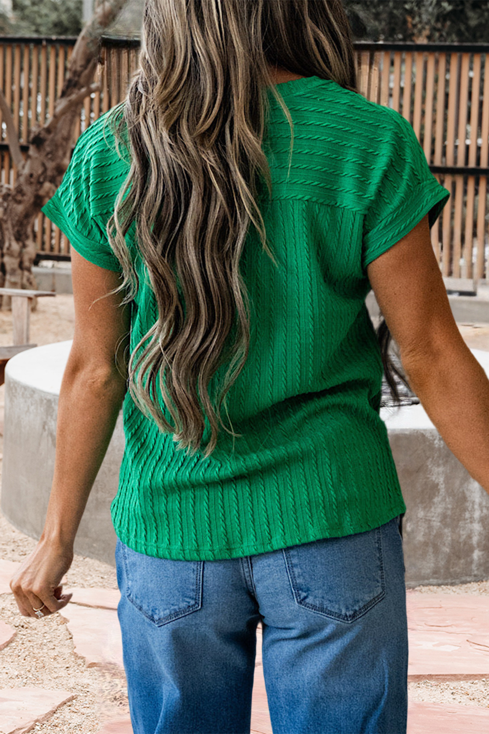 Twisted Green Texture Knit V Neck