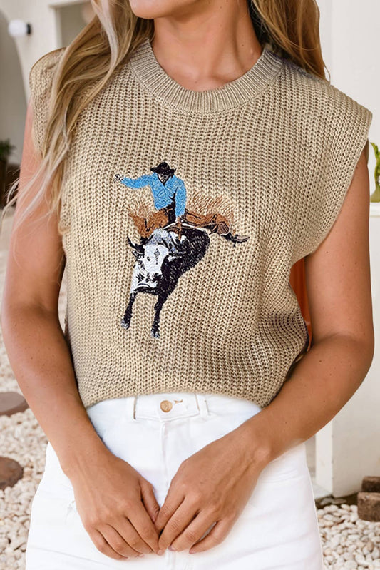 Western Embroidered Round Neck Sweater Vest