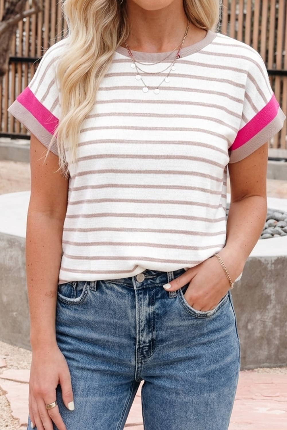 White & Tan- Pink Stripe Top