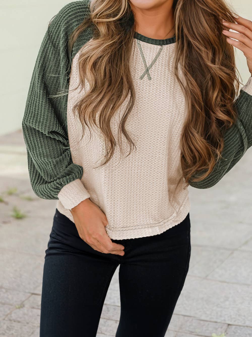 Olive Sleeved Waffle Top