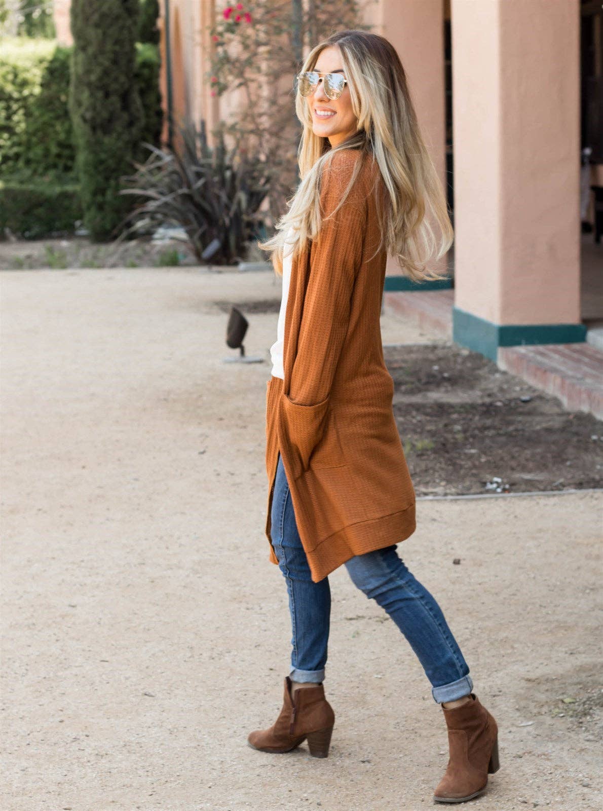 Carmel Waffle Knit Pocketed Cardigan