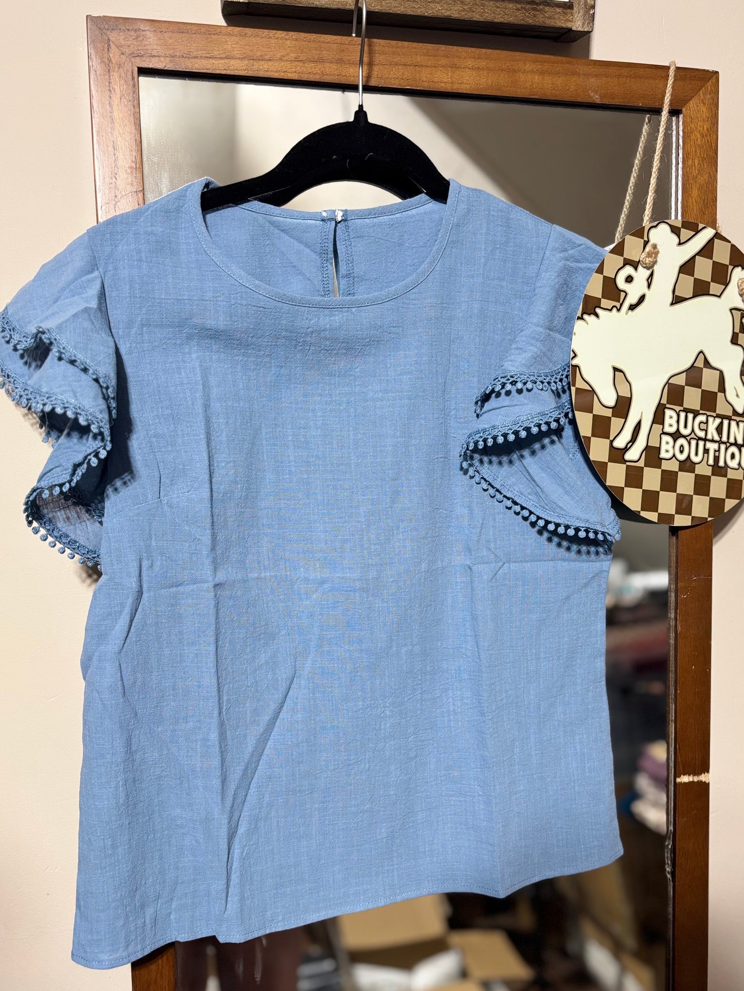 Casual Blue Ruffle Sleeve Top