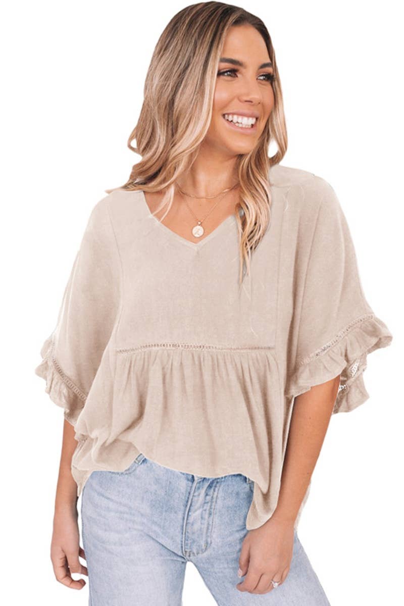 Khaki V-NECK RUFFLED SHORT SLEEVE BLOUSE