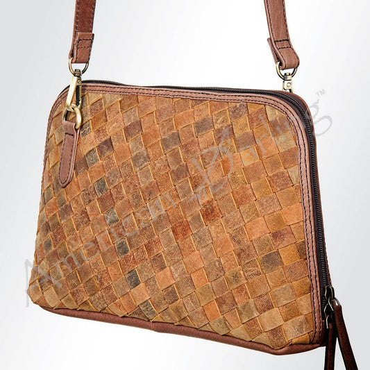 Woven Leather Crossbody Bag - Western Zip Purse with Adjustable Strap