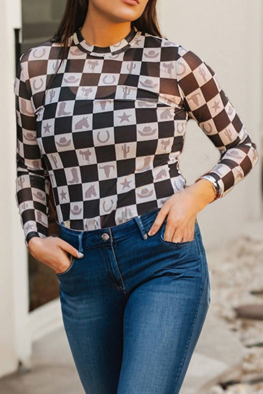 Checkered Western Printed Mesh Top