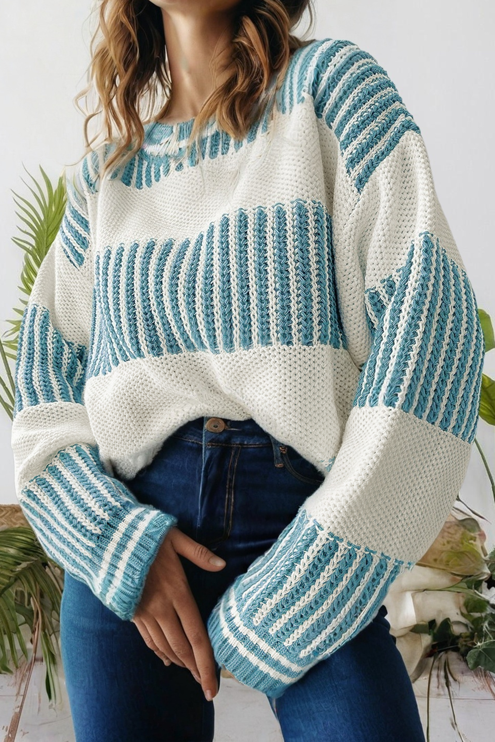 Turquoise Stripe Patchwork Oversized Sweater