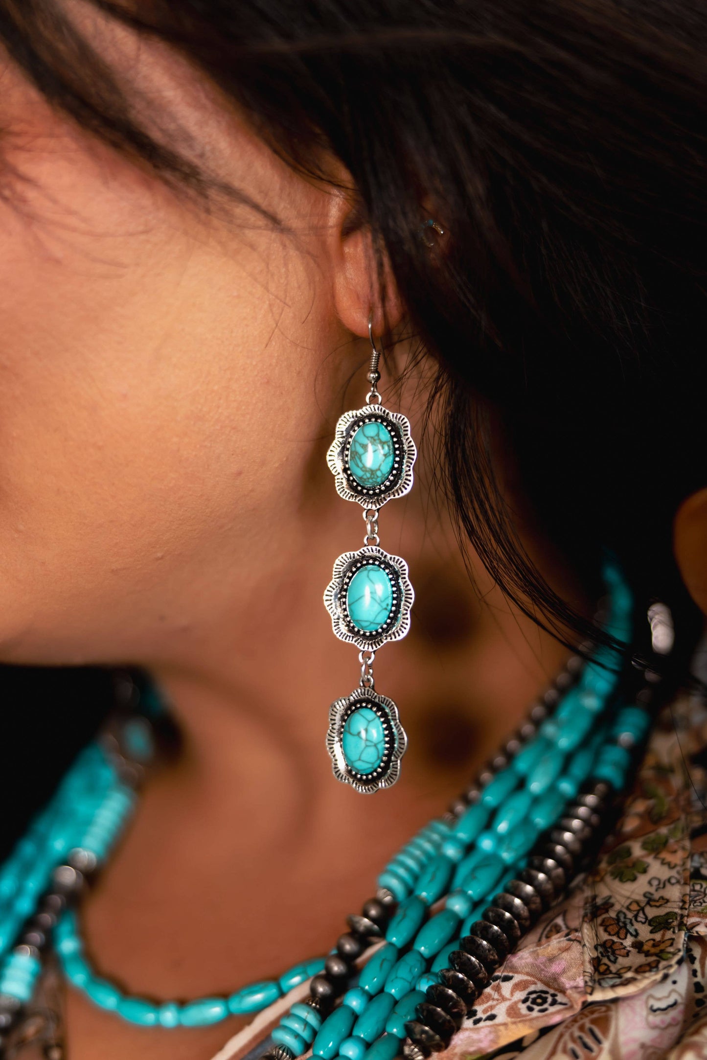 3 Tier Concho Turquoise Earring