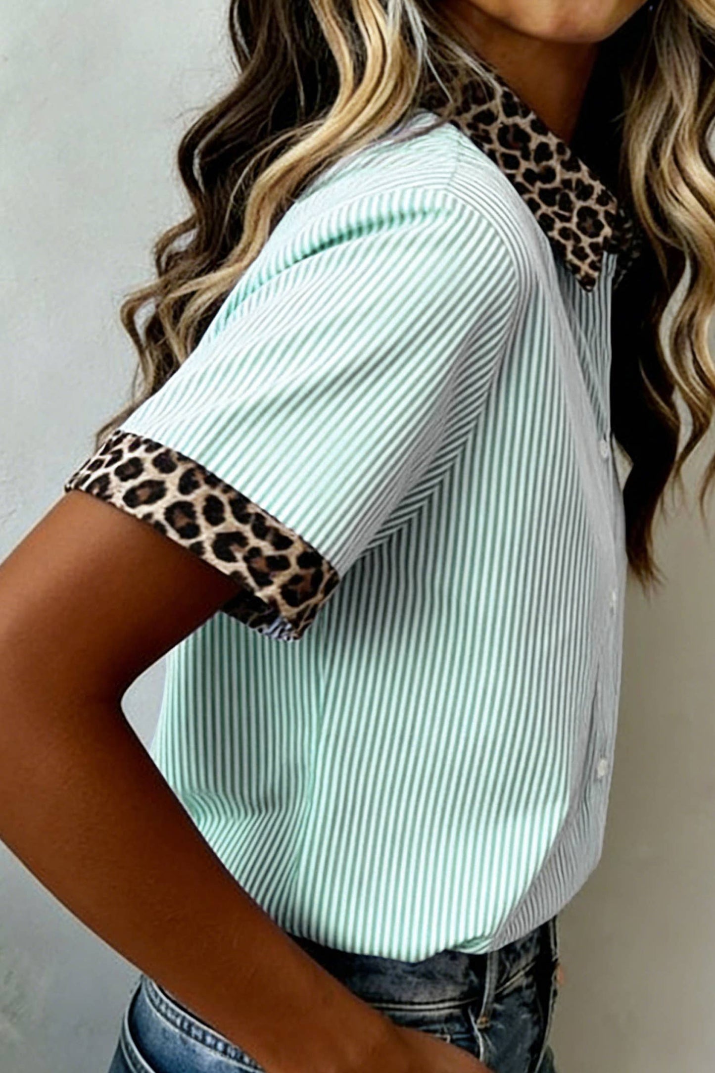 Leopard Trim Striped Button-Down