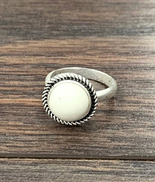 Round White Turquoise, Brass Adjustable Ring