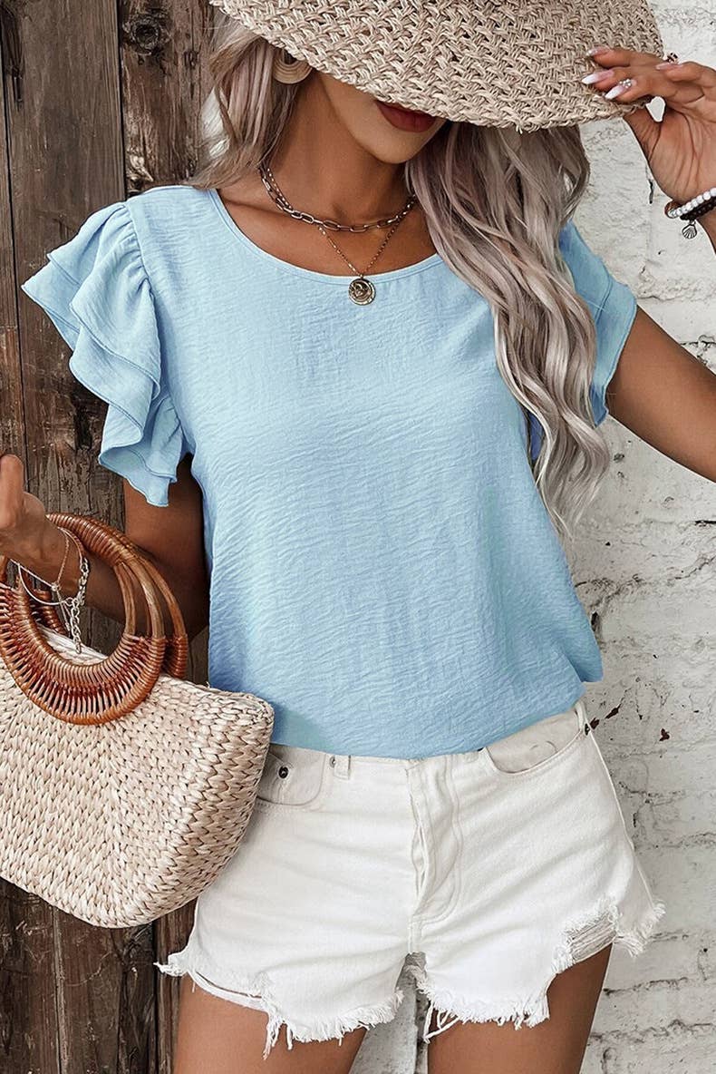Sky Blue Ruffle Flutter sleeve Top