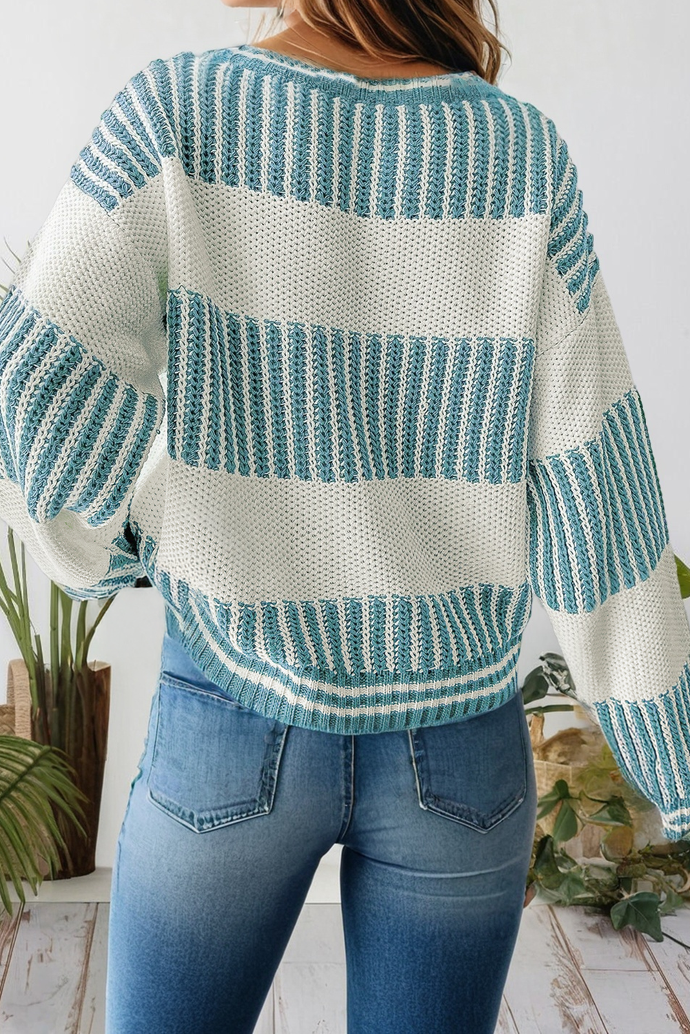 Turquoise Stripe Patchwork Oversized Sweater