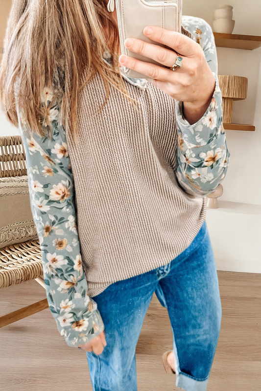 Ribbed Floral Contrast Patchwork Long Sleeve Top