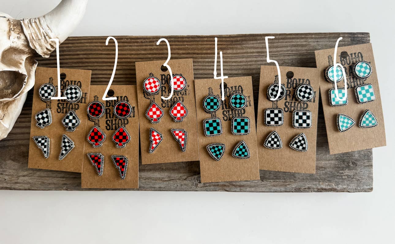 Western Checkered Earring Stud Set