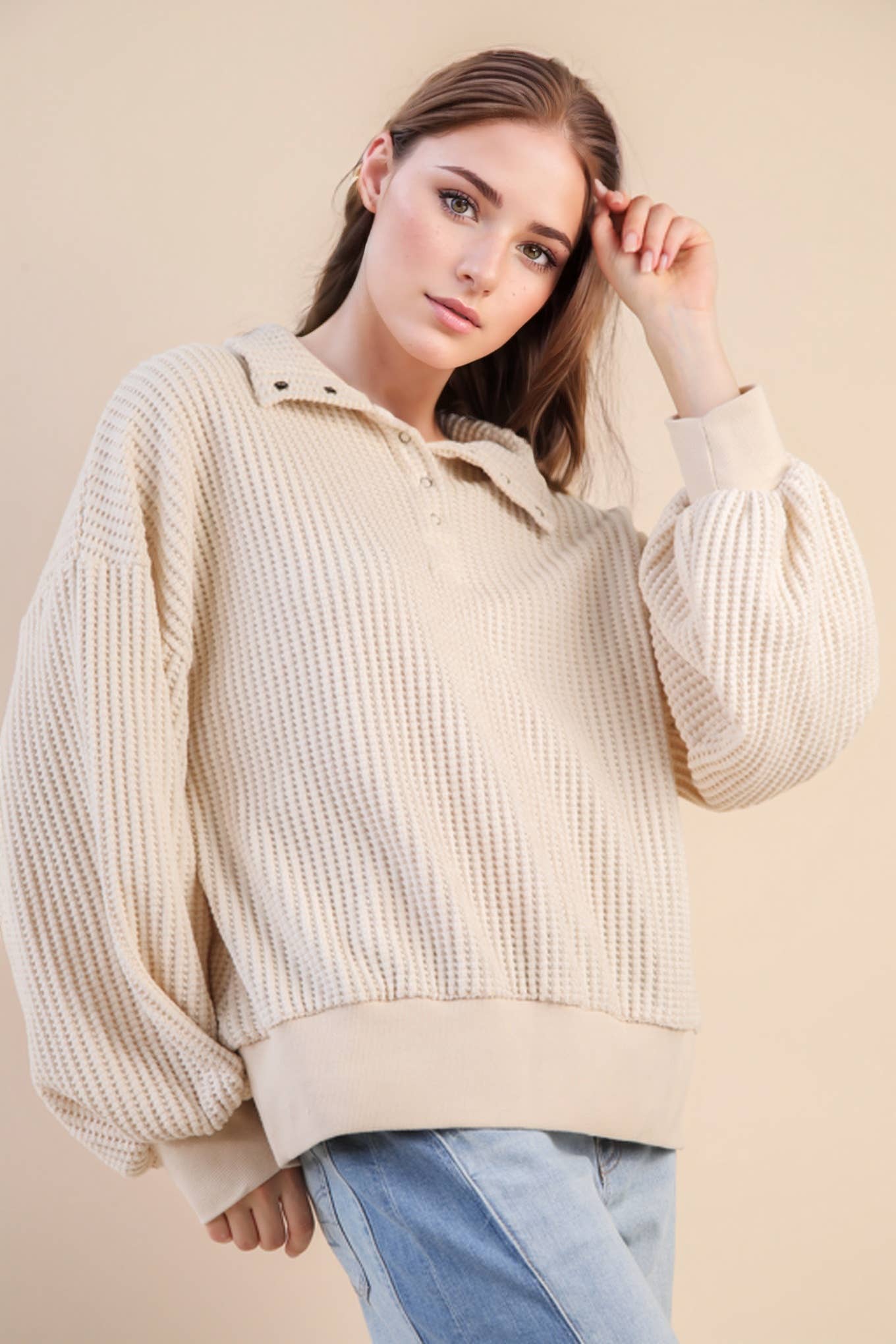 Ivory Oversized Half Button Down Casual Waffle Knit Top